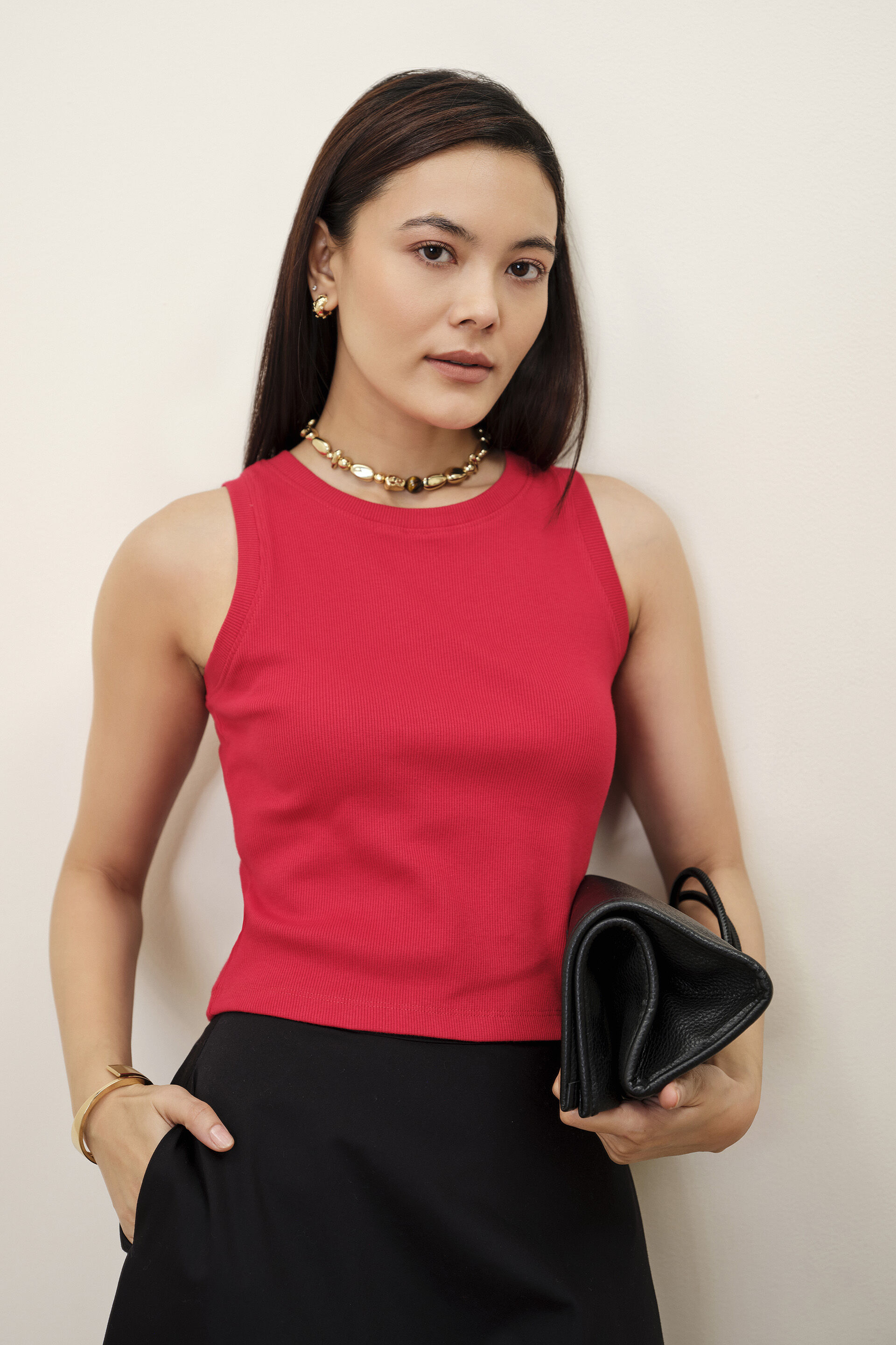 Red Ribbed Sleeveless Top, Red, image 3